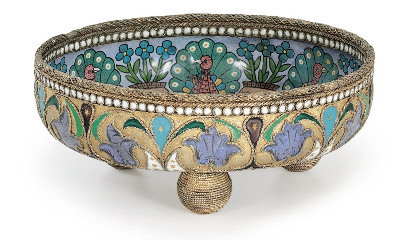 A Silver-Gilt Cloisonné and En Plein Enamel Bowl