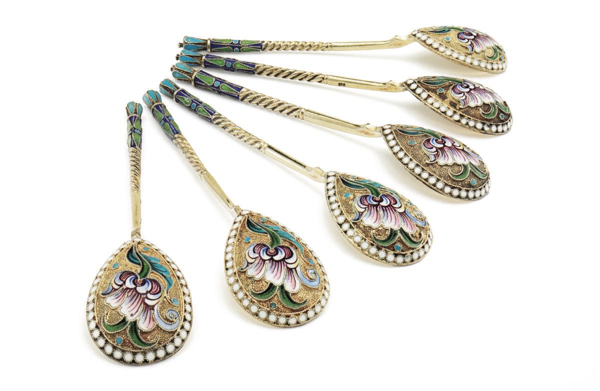 A Set of Six Silver-Gilt and Cloisonné Enamel Teaspoons