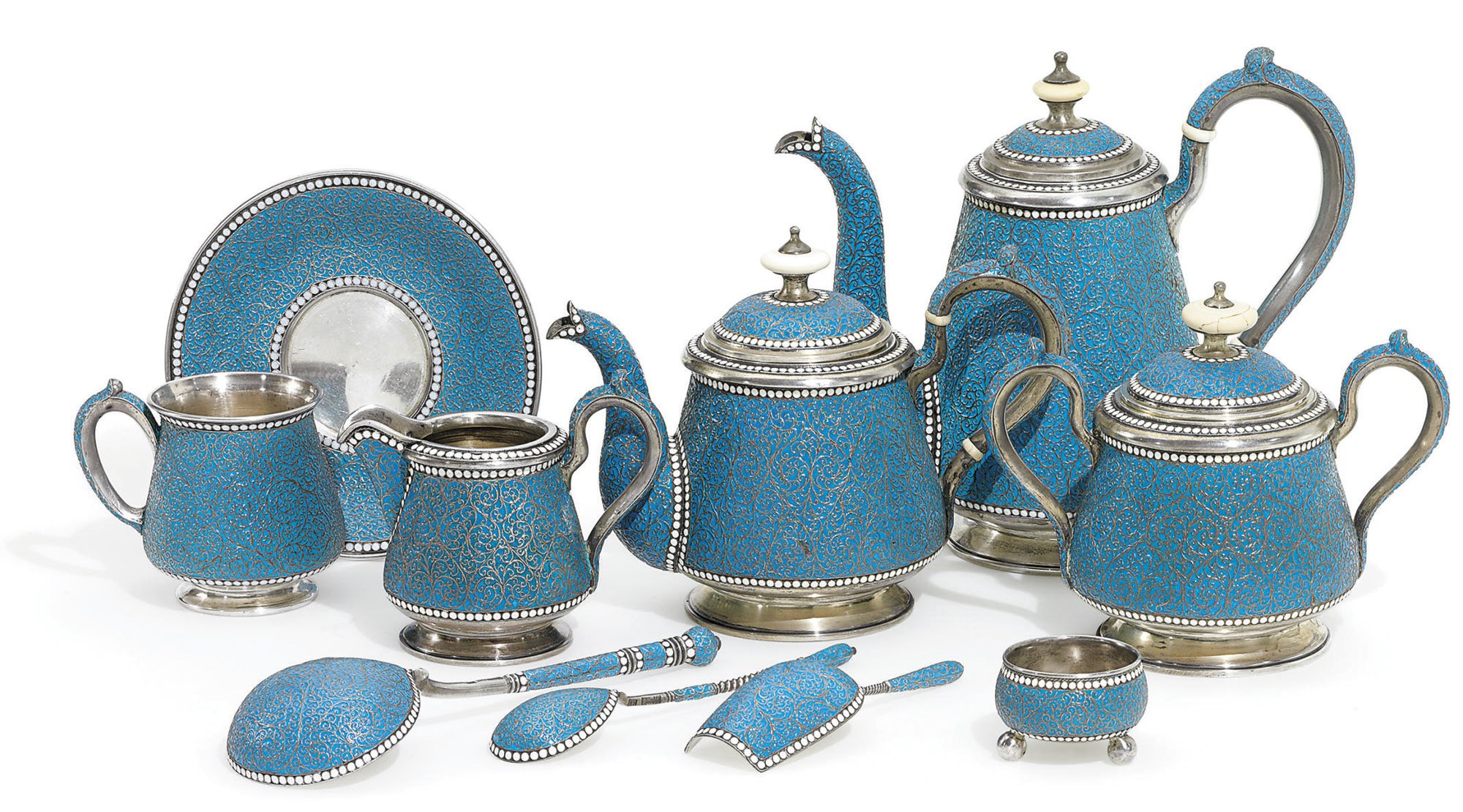 A Silver and Cloisonné Enamel Tea and Coffee Service