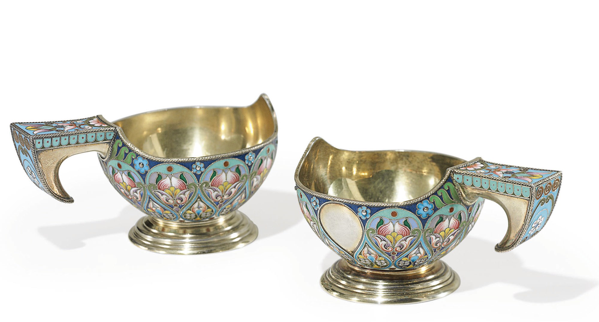 A Pair of Silver-Gilt and Cloisonné Enamel Kovshi