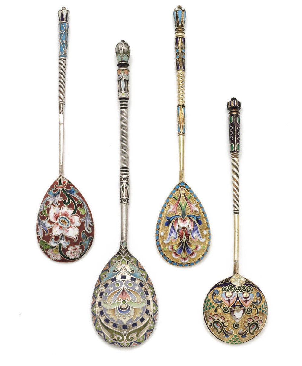 Four Silver and Cloisonné Enamel Spoons