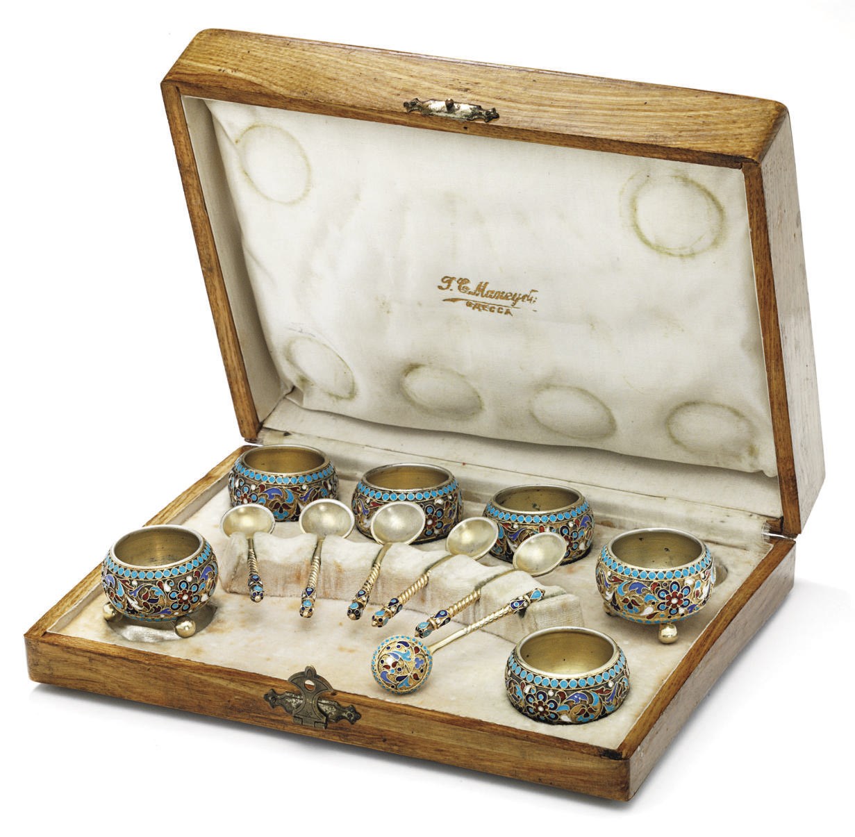 A Set of Six Silver-Gilt and Cloisonné Enamel Salts and Spoons