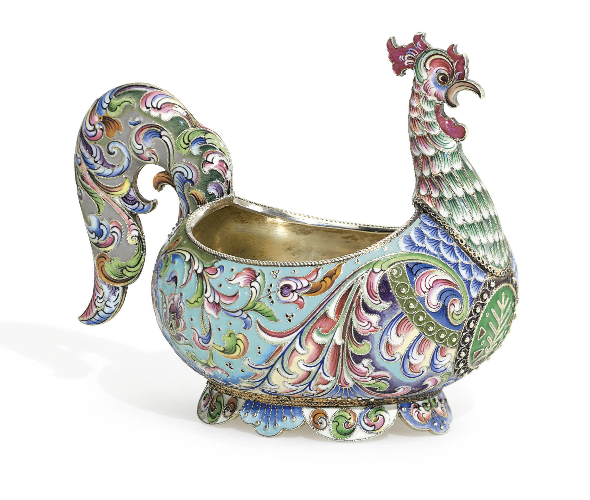 A Silver-Gilt and Cloisonné Enamel Rooster-Form Kovsh