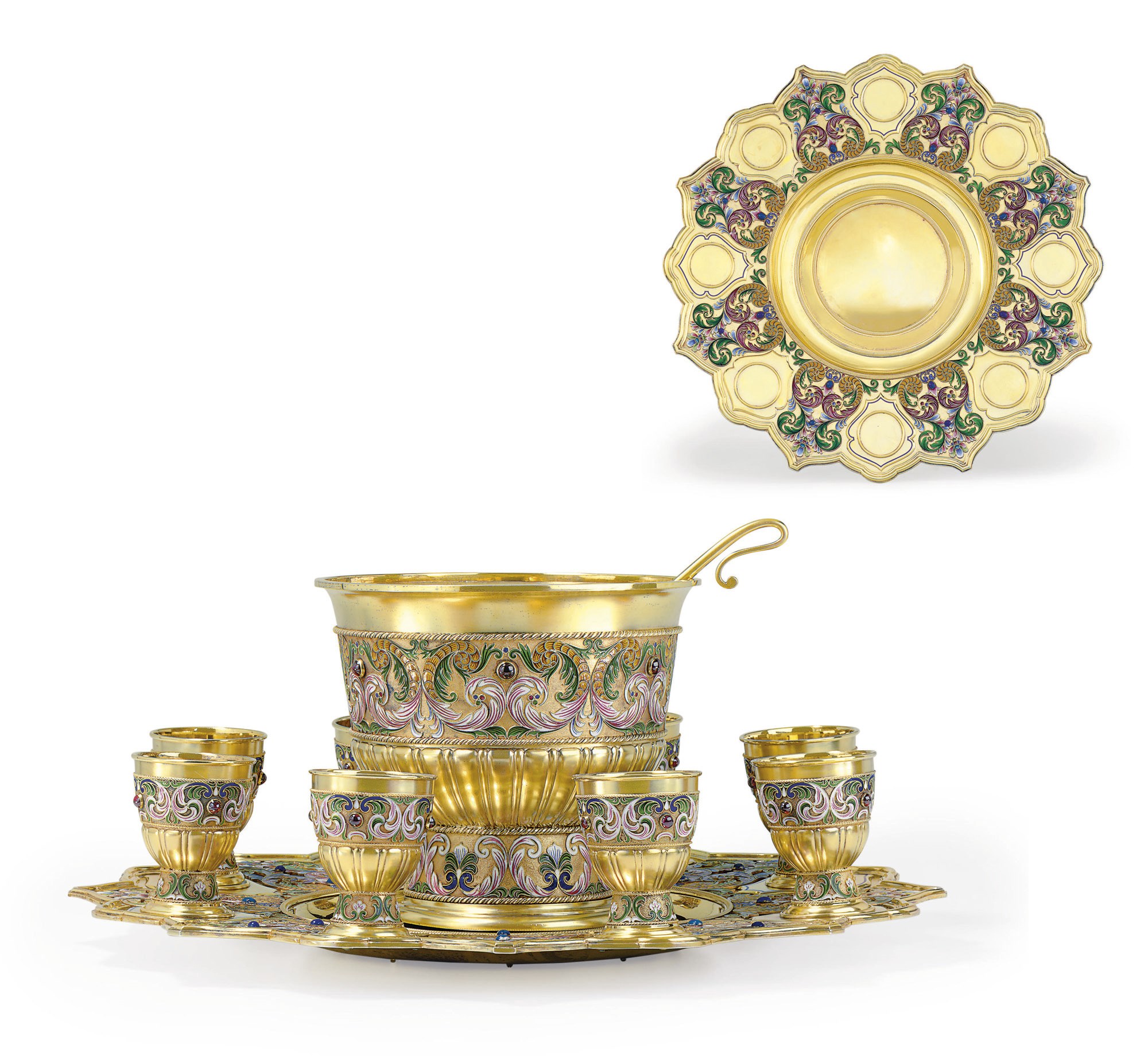 A Silver-Gilt and Cloisonné Enamel Punch Set