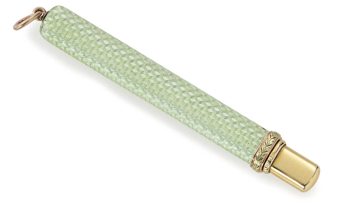A Two-Color Gold-Mounted Guilloché Enamel Pencil Holder