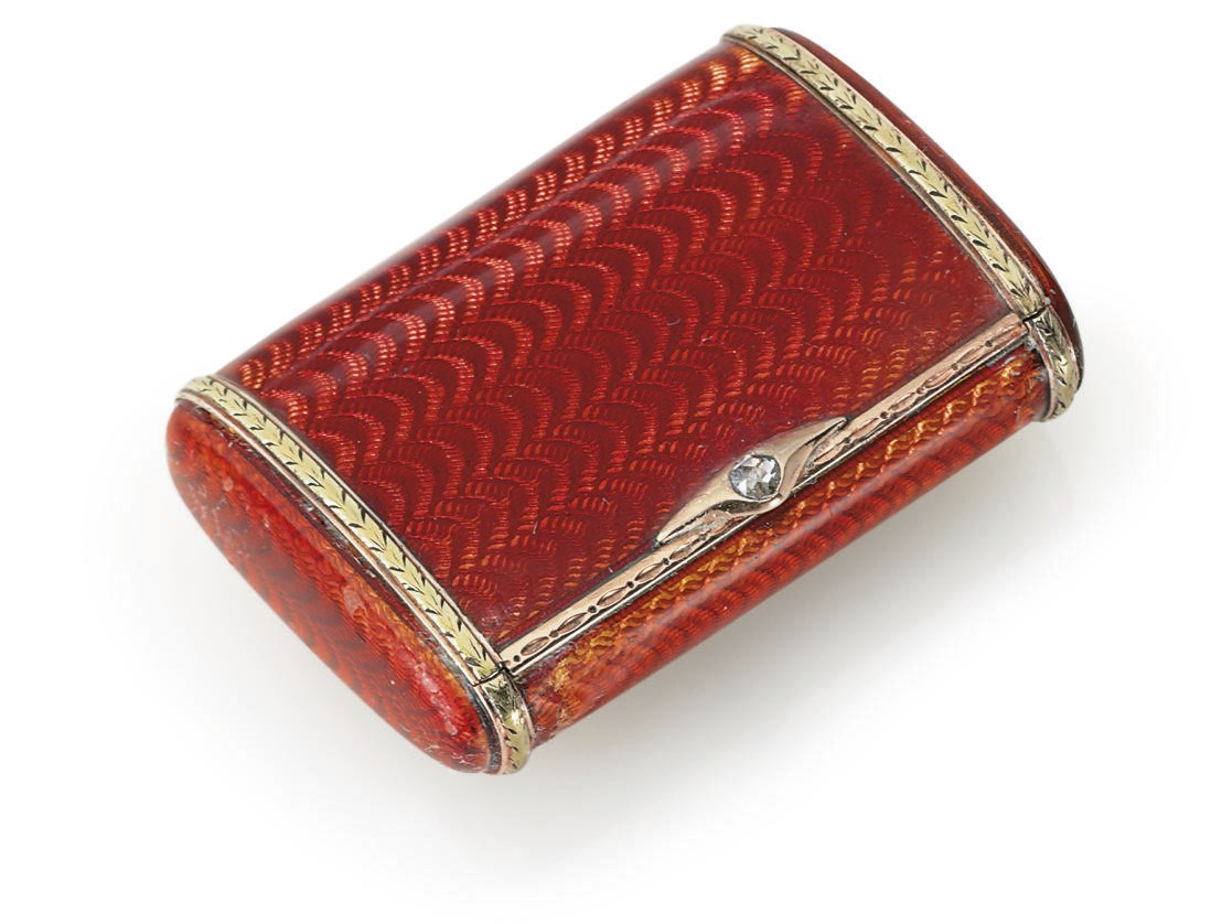 A Two-Color Gold-Mounted Guilloché Enamel Vesta Case