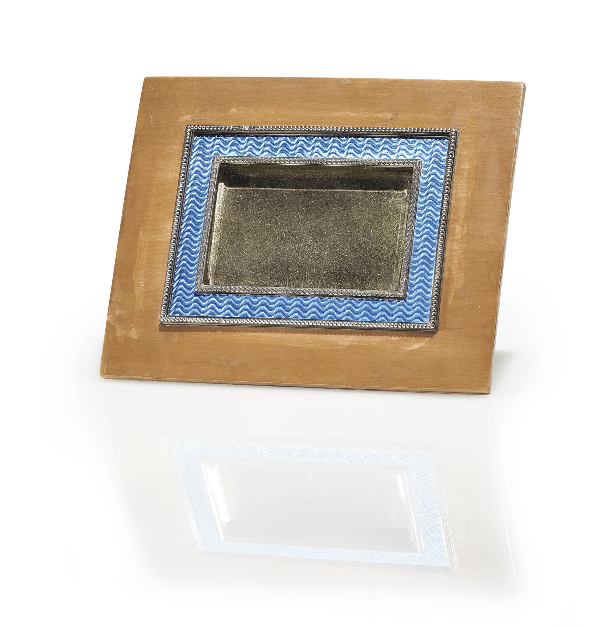 A Silver-Mounted Guilloché Enamel Wood Photograph Frame