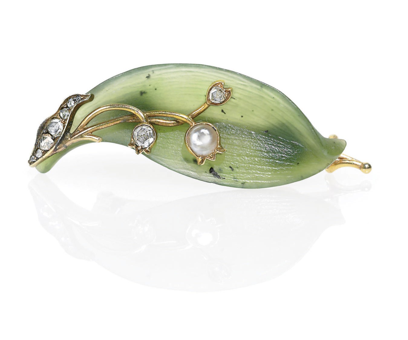 A Jeweled Gold-Mounted Nephrite Lily of the Valley Brooch