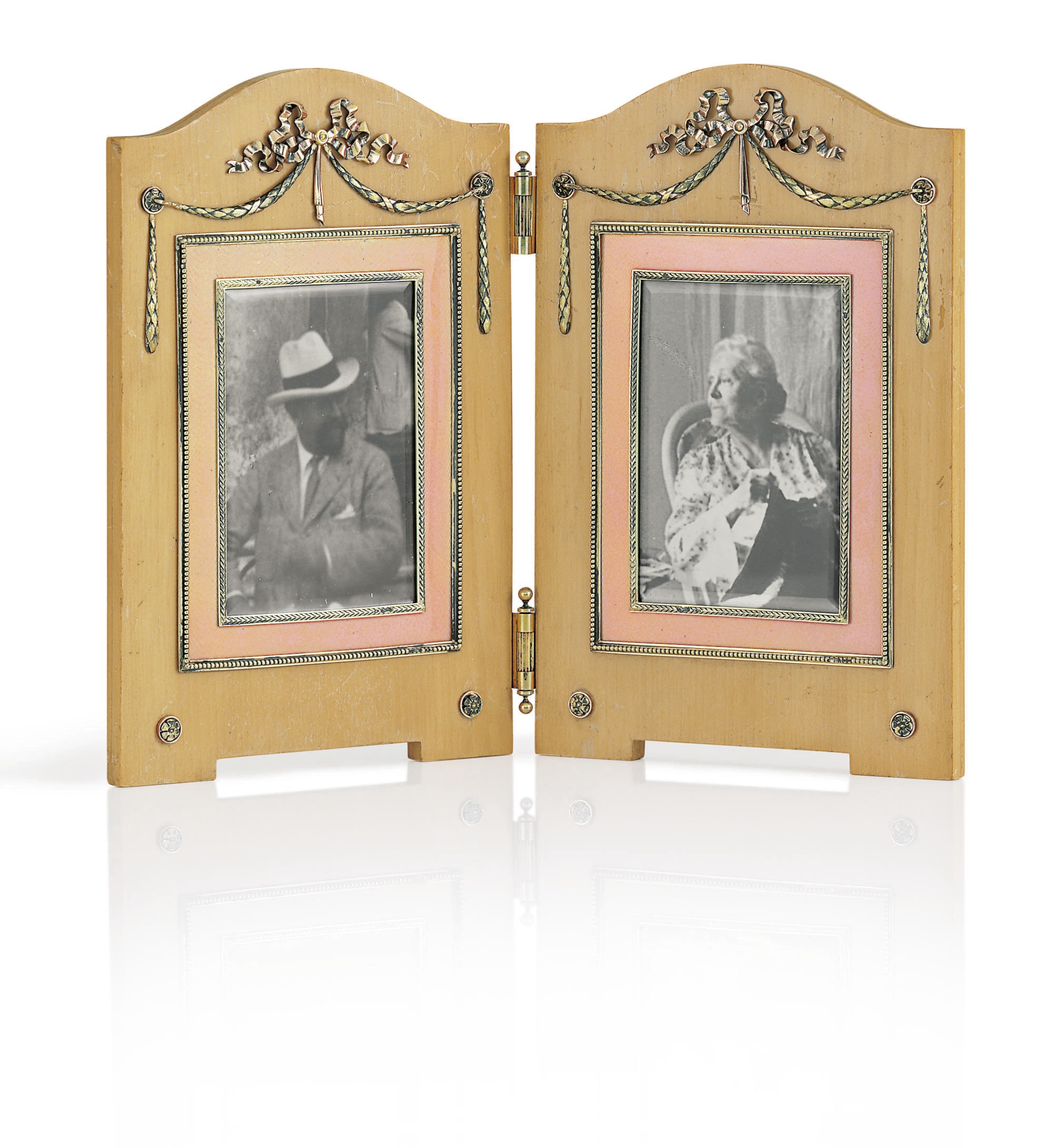 A Silver-Gilt Mounted Guilloché Enamel Wood Double Photograph Frame