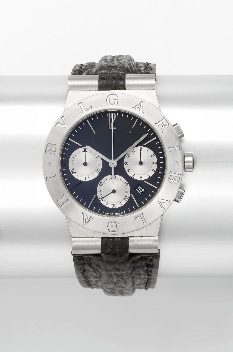 Bulgari. A stainless steel chronograph wristwatch with date and black dial