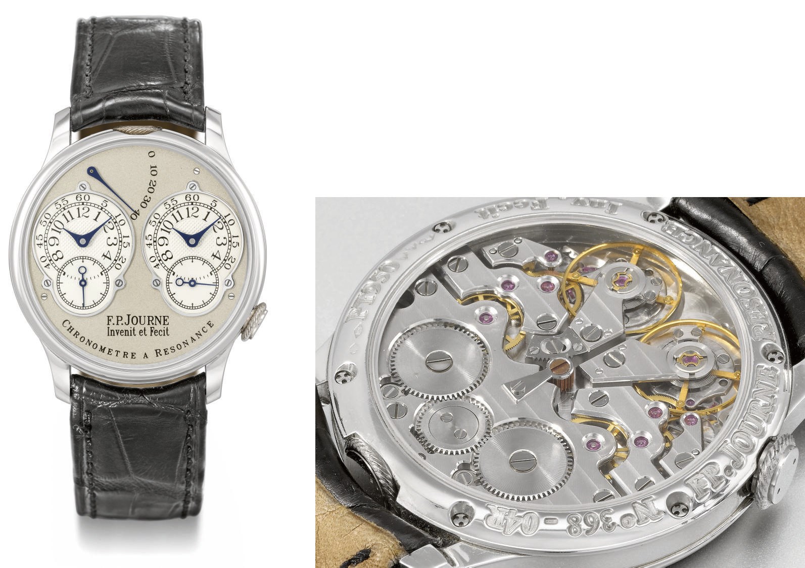 F.P. Journe. A very fine and rare platinum dual time chronometer wristwatch with resonance-controlled twin independent gear-trains movement and power reserve