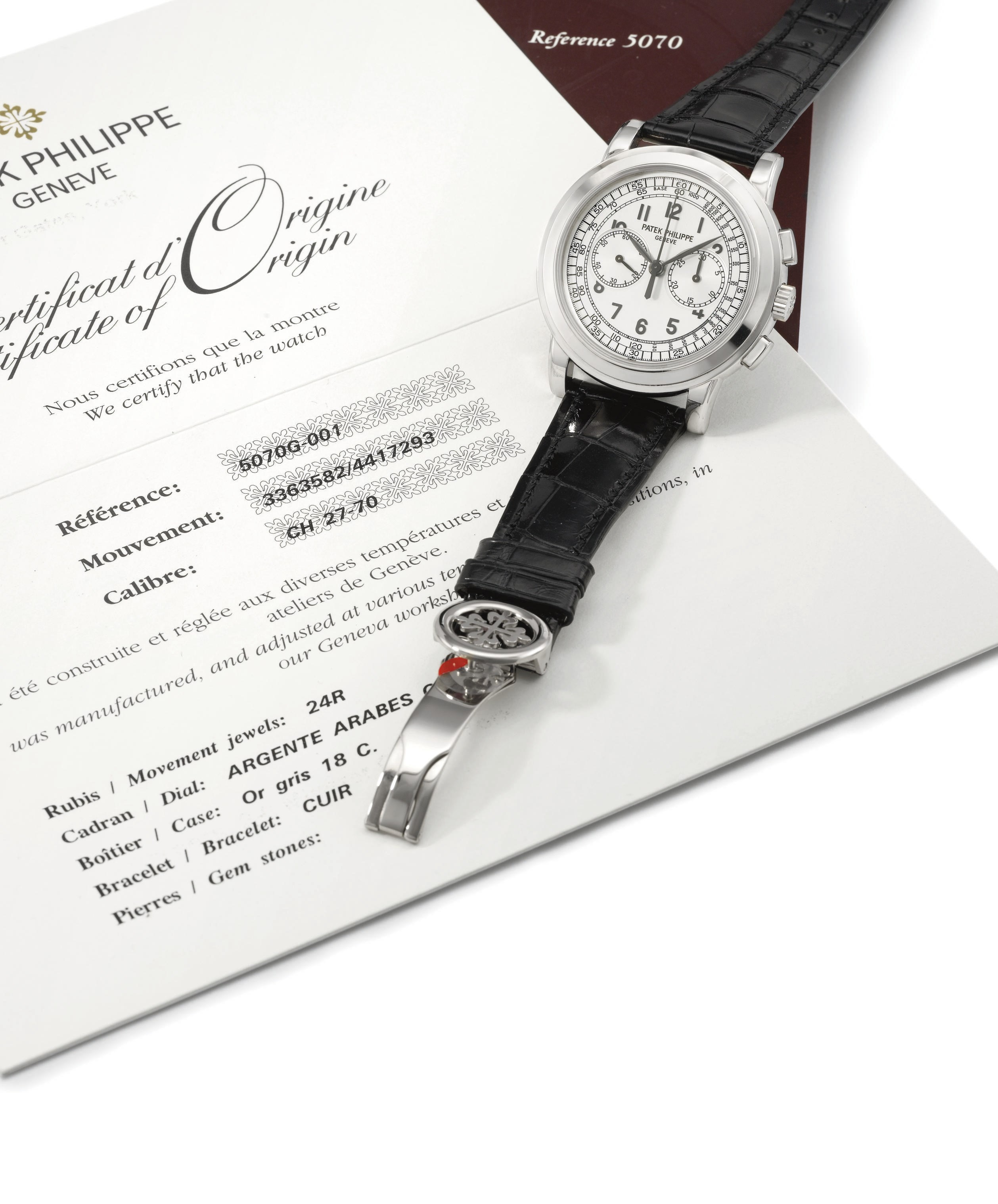 Patek Philippe. A fine and large 18K white gold chronograph wristwatch with original certificate, sales tag and box