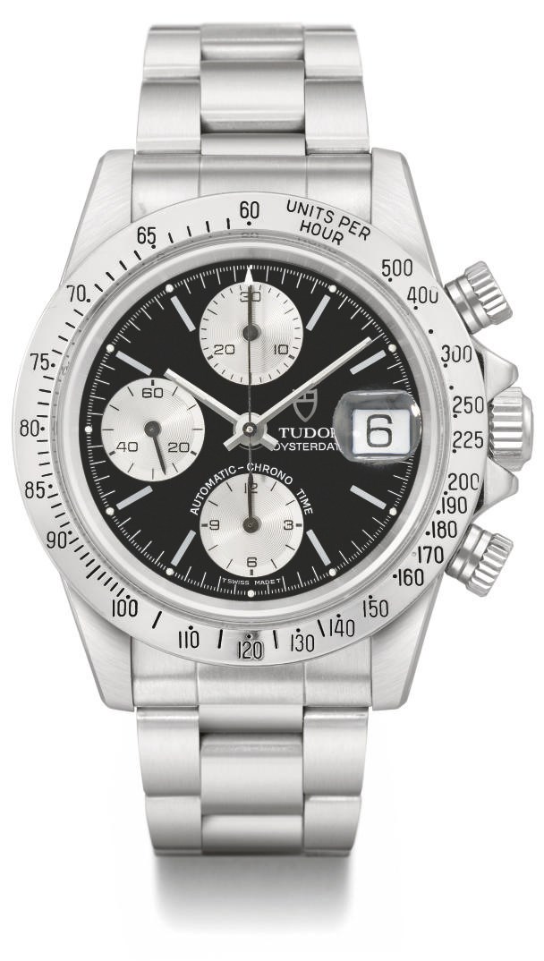 Tudor. A stainless steel automatic chronograph wristwatch with date, bracelet, original guarantee and box