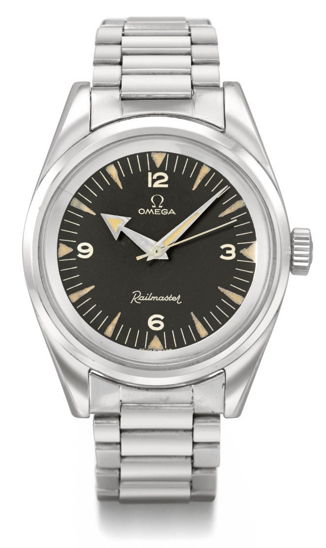 Omega. A fine and rare stainless steel anti-magnetic wristwatch with sweep centre seconds, black dial and bracelet