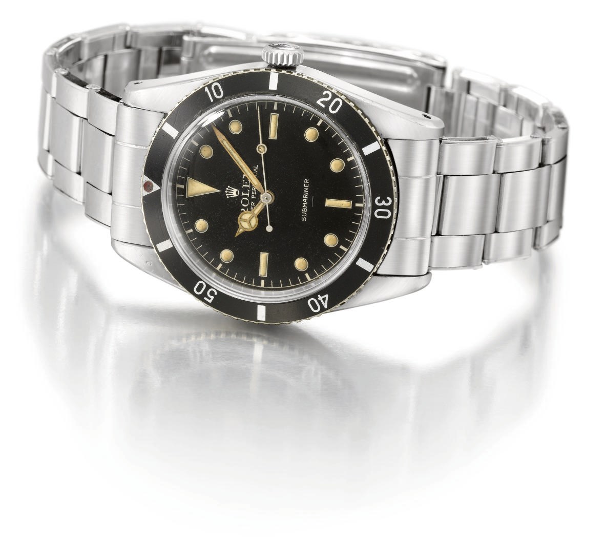 Rolex. A very fine and rare stainless steel automatic wristwatch with sweep centre seconds, bracelet and black lacquer "underline" dial