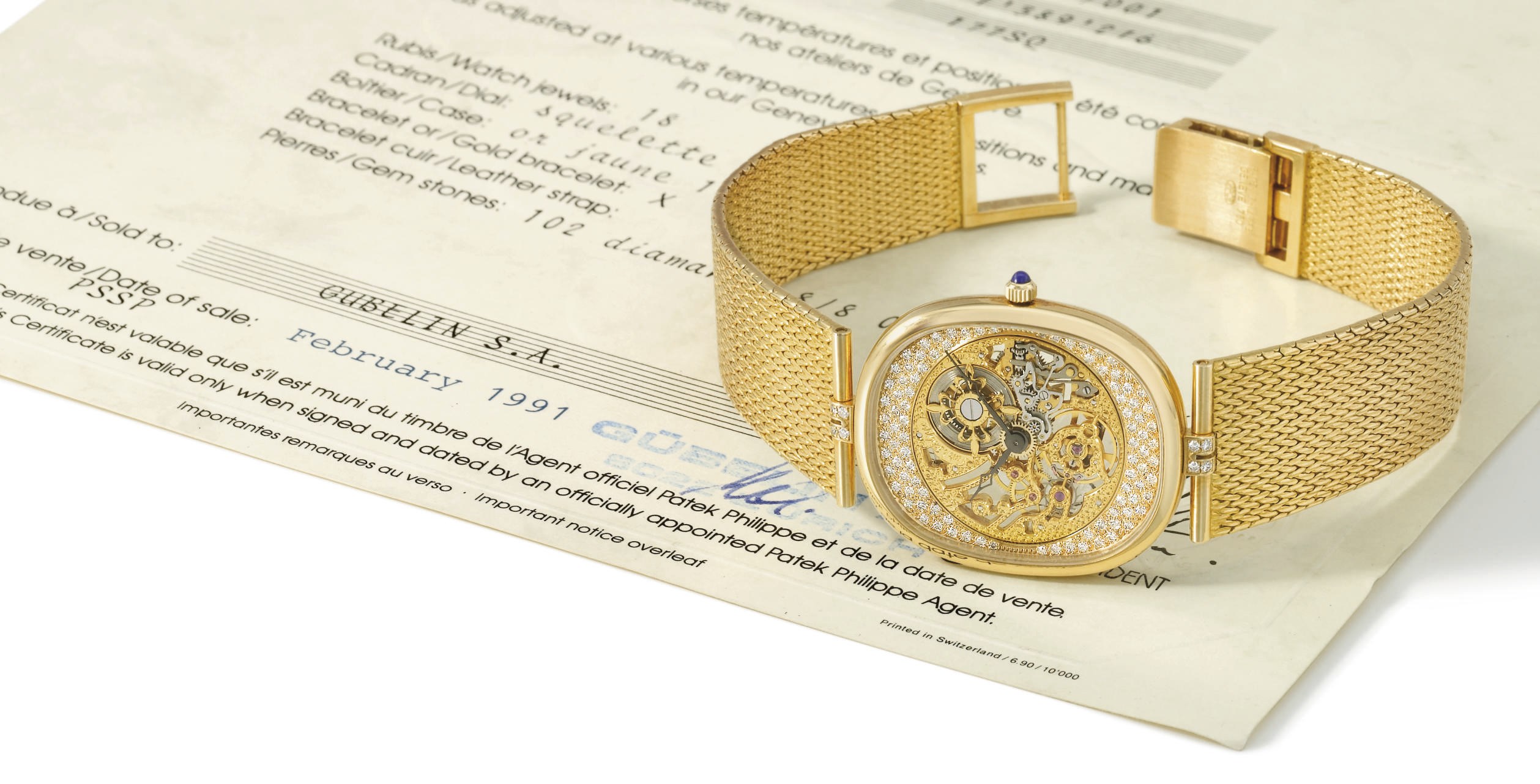 Patek Philippe. A fine 18K gold and diamond-set oval skeletonized wristwatch with bracelet and original certificate