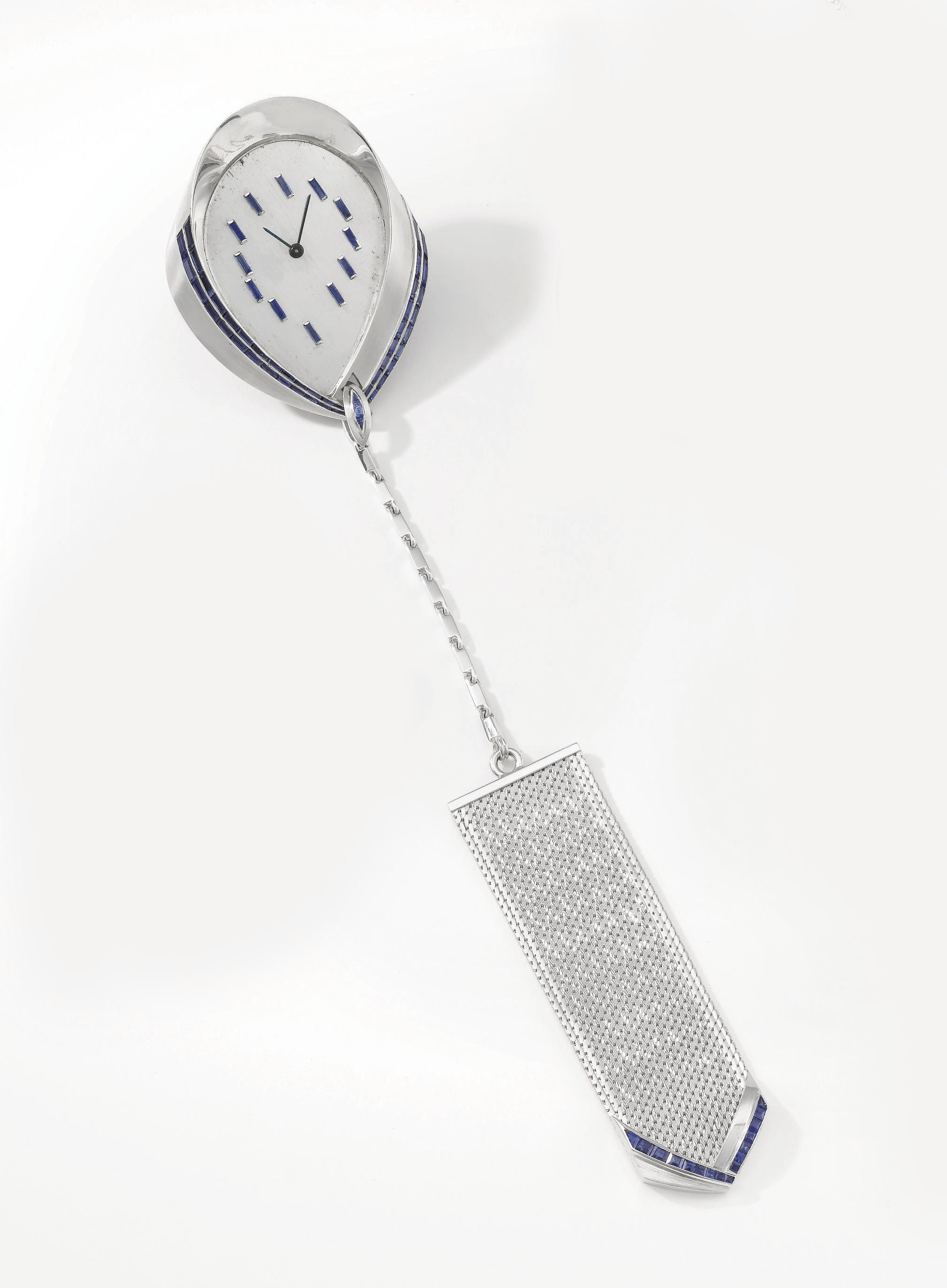 Vacheron Constantin. An unusual 18K white gold and sapphire-set teardrop-shaped openface keyless lever watch and fob