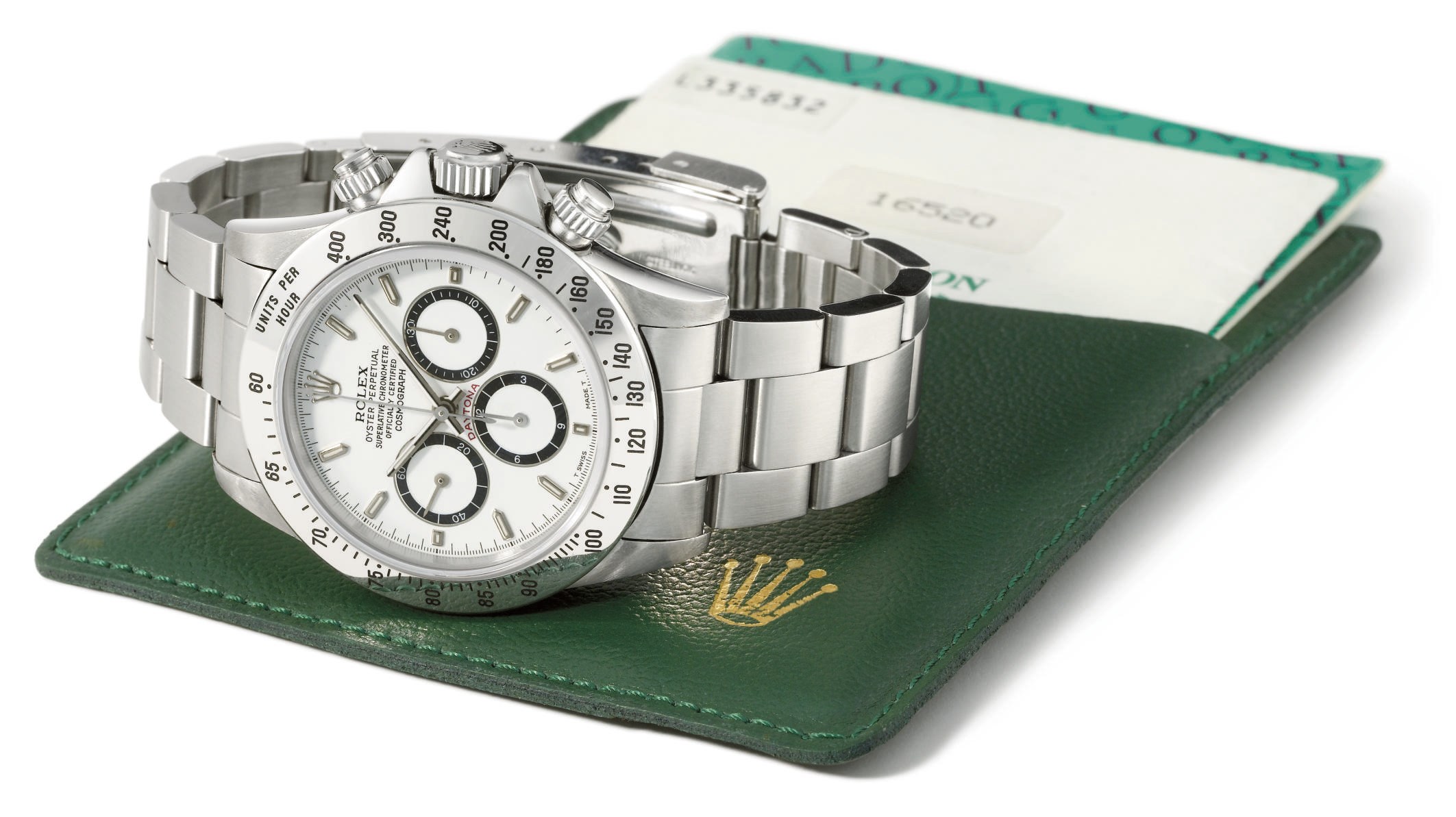 Rolex. A stainless steel automatic chronograph wristwatch with bracelet, original guarantee, box and unusual dial