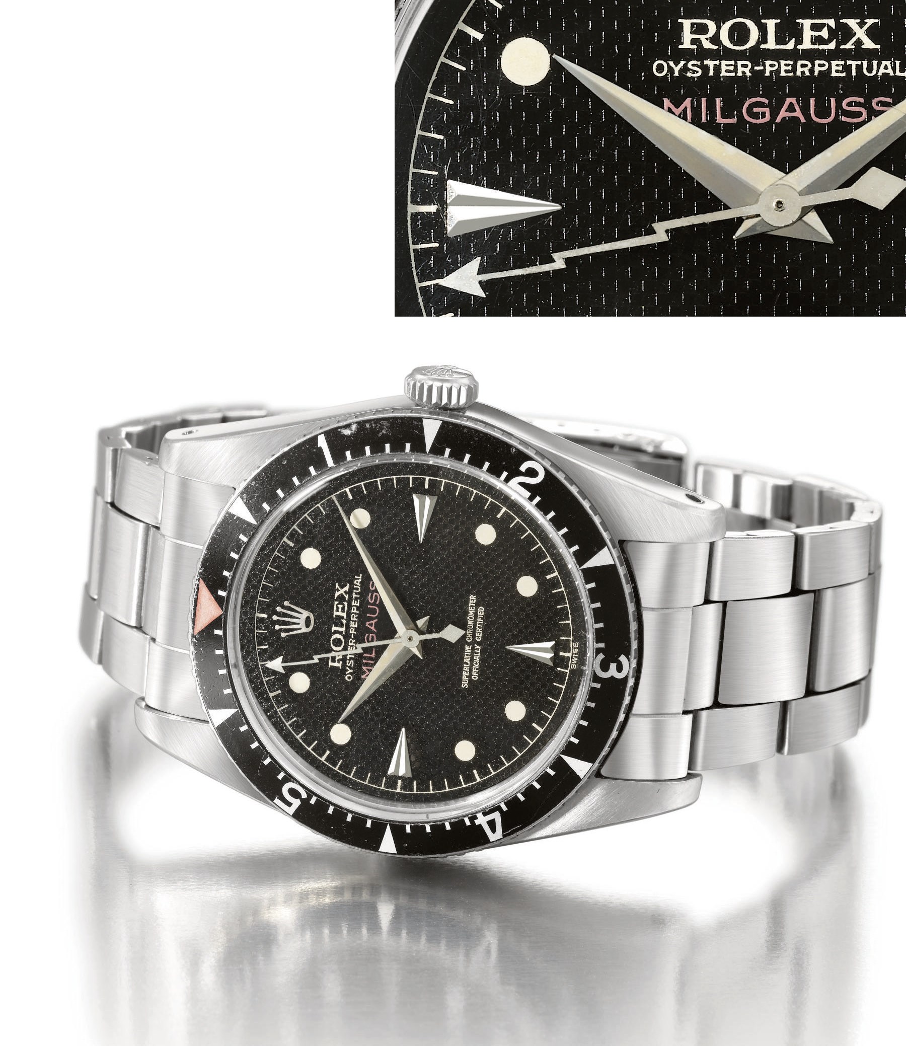Rolex. An extremely rare stainless steel automatic wristwatch with black honeycomb dial and bracelet
