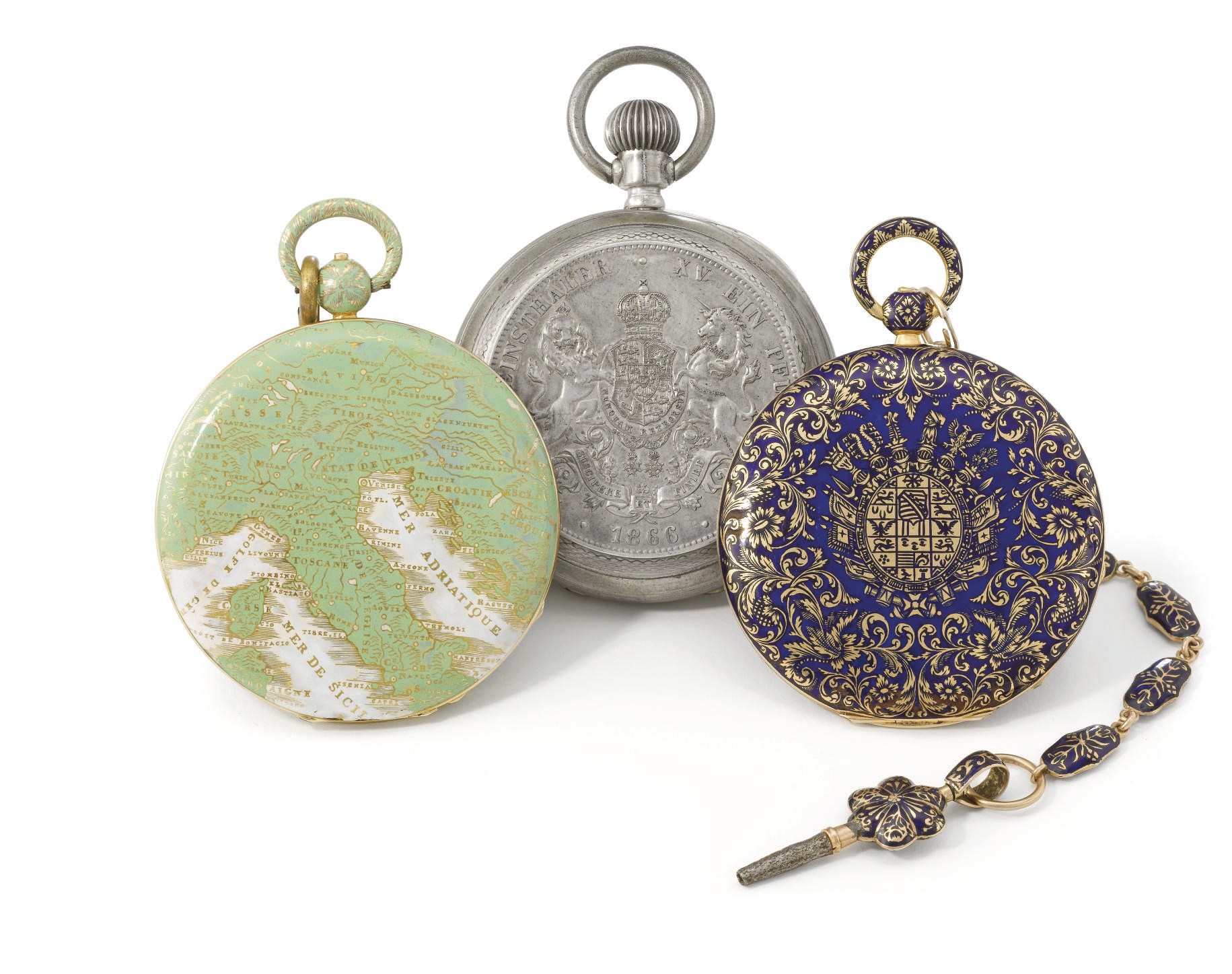 Bautte & Co., Moulinie Freres and Anon. A lot of two 18K gold and enamel and one silver pocket watch