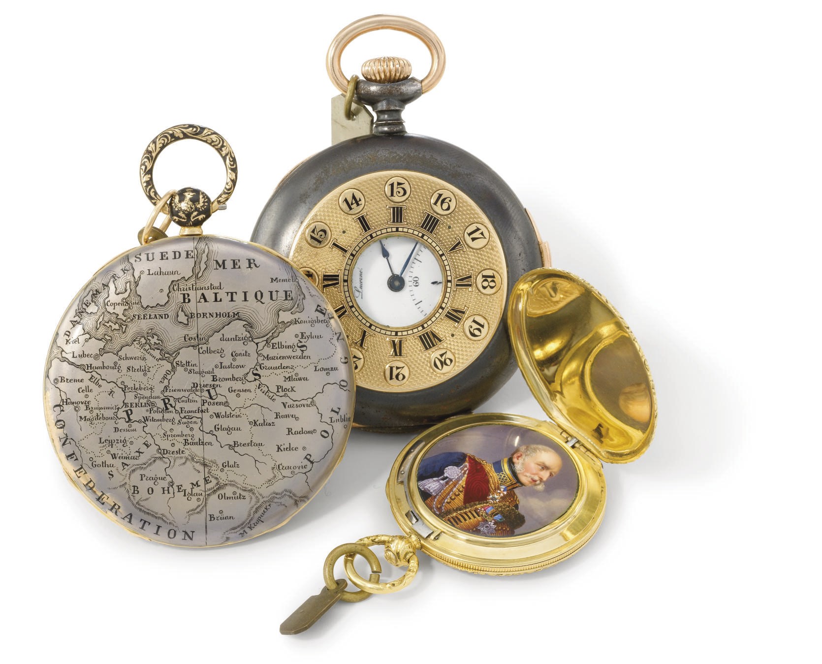 Ravene, Mercier & Reynaud, Breitschmid. A lot of two 18K gold and enamel and one blackened steel pocket watches