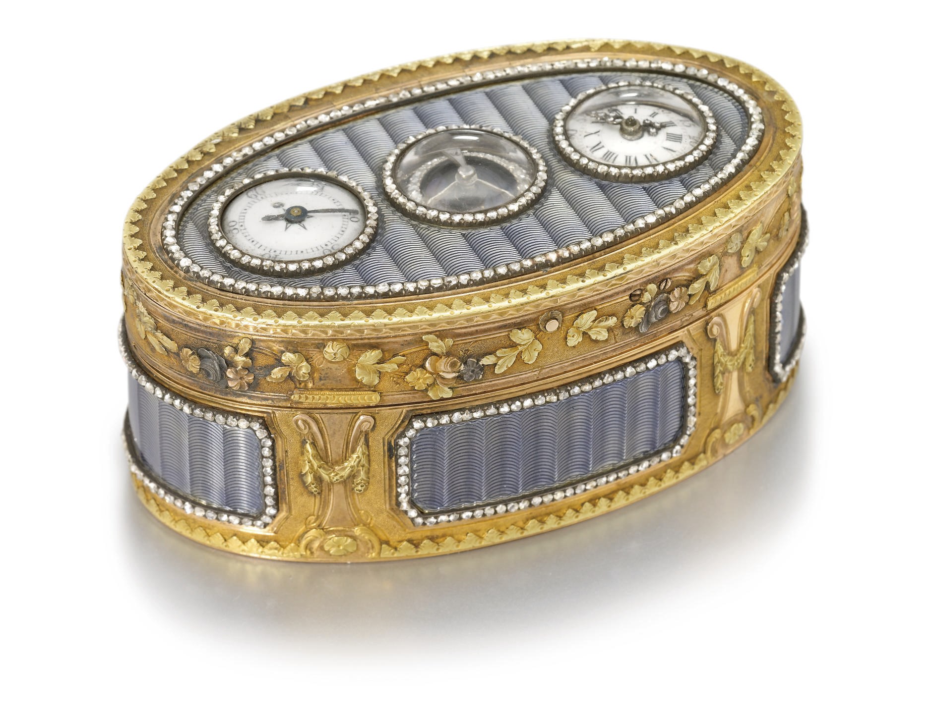 Swiss and Lechopié. A fine and rare 18K three colour gold, enamel and paste-set oval snuff box with watch
