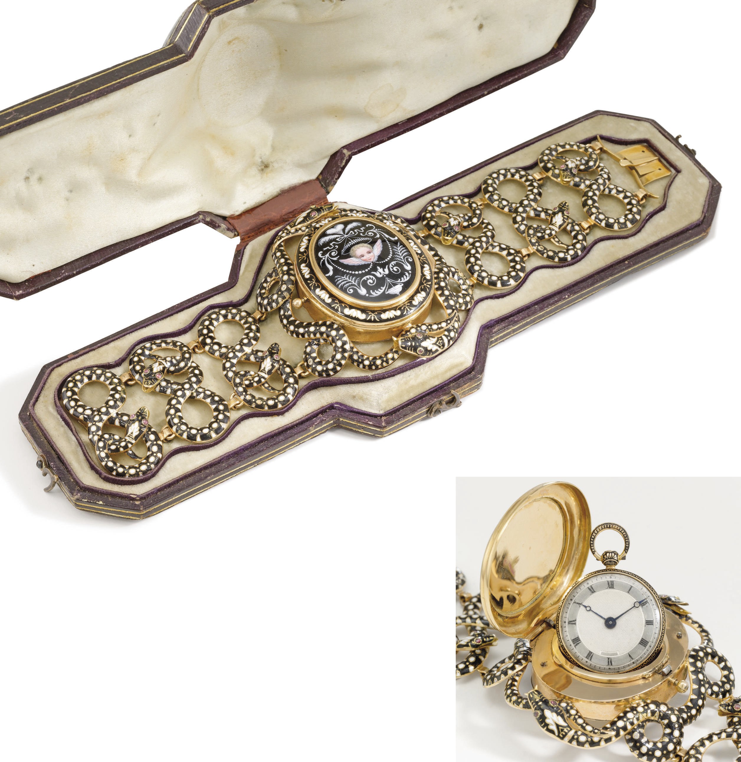 Duchene. A highly unusual 18K gold and enamel cylinder watch with 18K gold and enamel "snake" bracelet and original fitted box