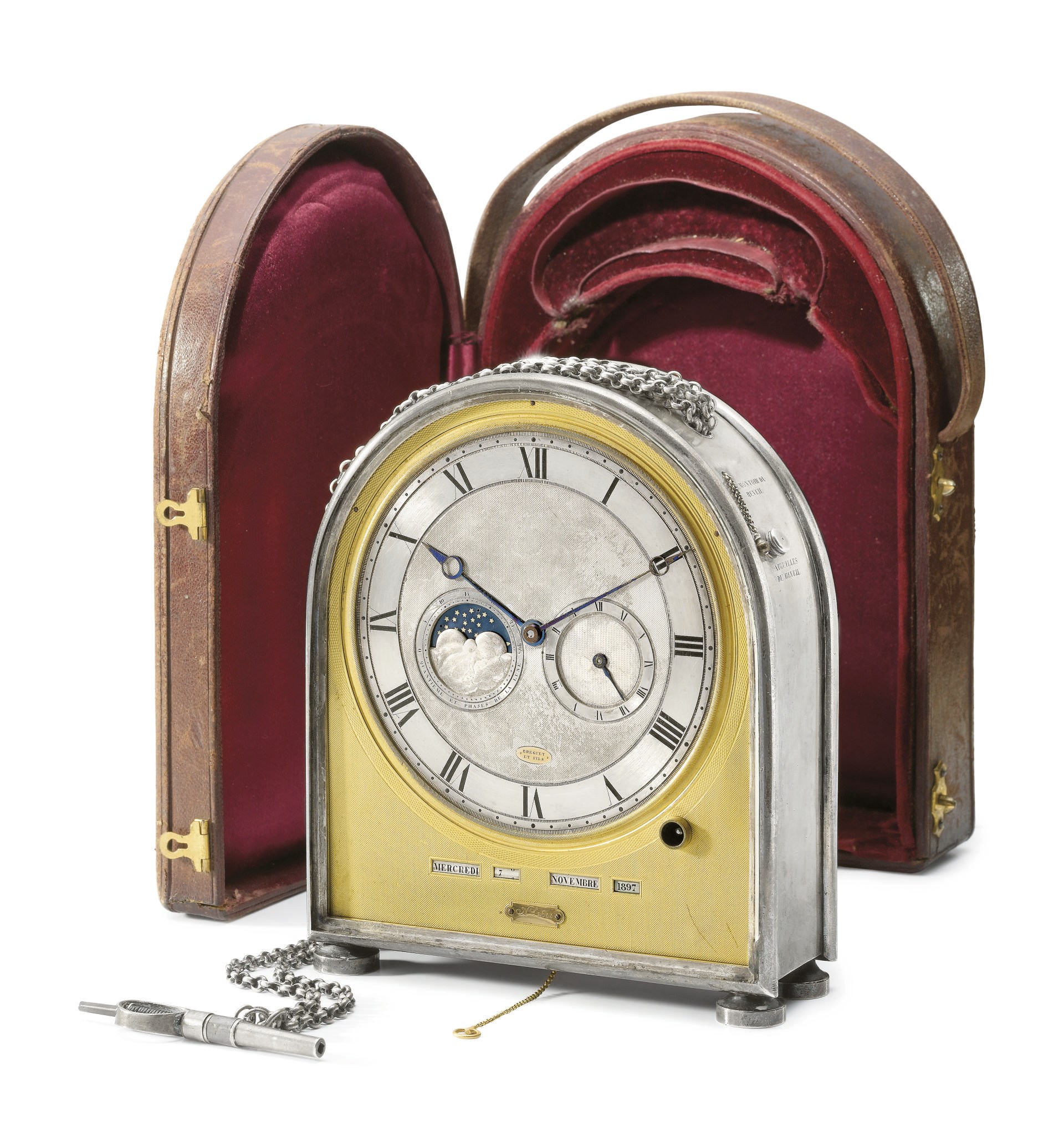 BREGUET. AN EXCEPTIONAL, UNIQUE AND HISTORICALLY IMPORTANT SILVER 8-DAY HUMP-BACK MONTRE DE CARROSSE  WITH HALF-QUARTER REPEATING, ALARM, QUADRUPLE DIGITAL CALENDAR, AGE AND PHASES OF THE MOON, TRAVELLING CASE AND ORIGINAL KEY, MADE FOR THE QUEEN OF NAPLES