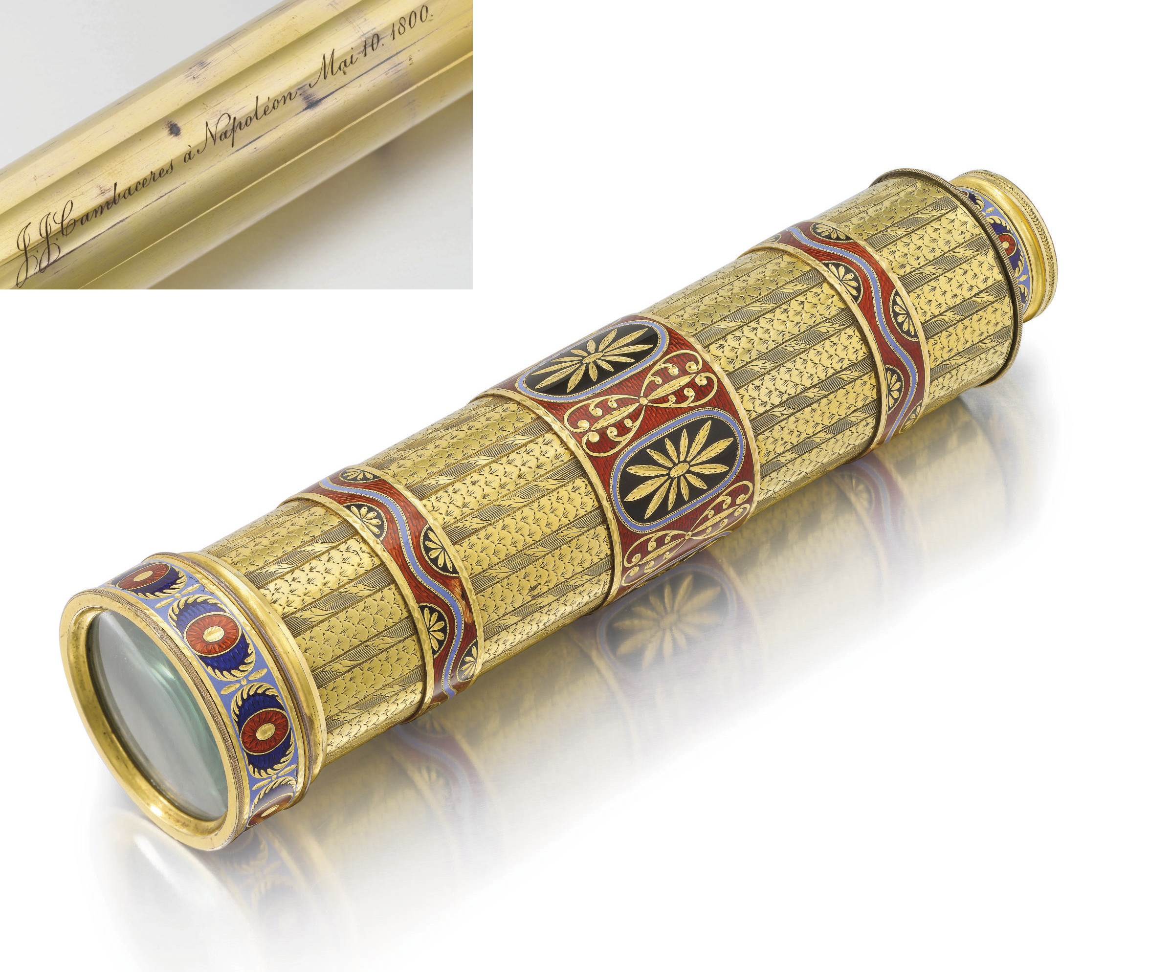 An extremely fine late 18th Century gilt brass and enamel 1 1/2-inch three-draw refracting telescope, engraved "J.J. Cambacérès à Napoléon. Mai 10, 1800"