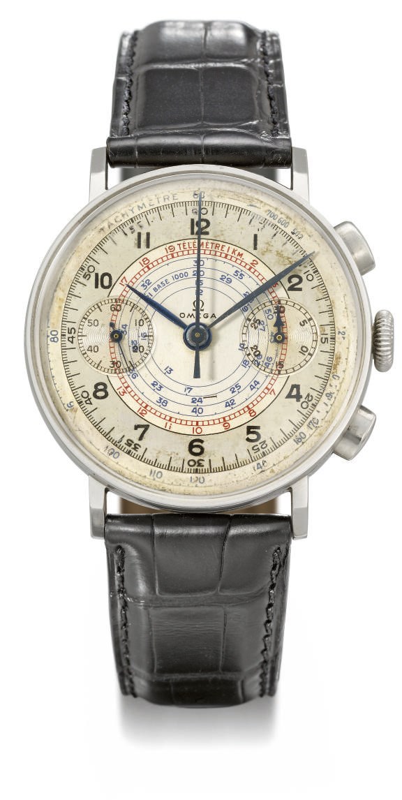 Omega. An attractive stainless steel chronograph wristwatch with two-tone silvered dial
