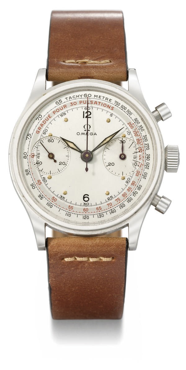 Omega. A large and attractive stainless steel chronograph wristwatch with two-tone silvered dial and pulsometre