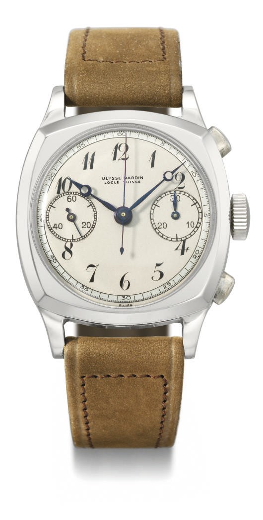 Ulysse Nardin. A stainless steel cushion-shaped chronograph wristwatch with two-tone silvered dial