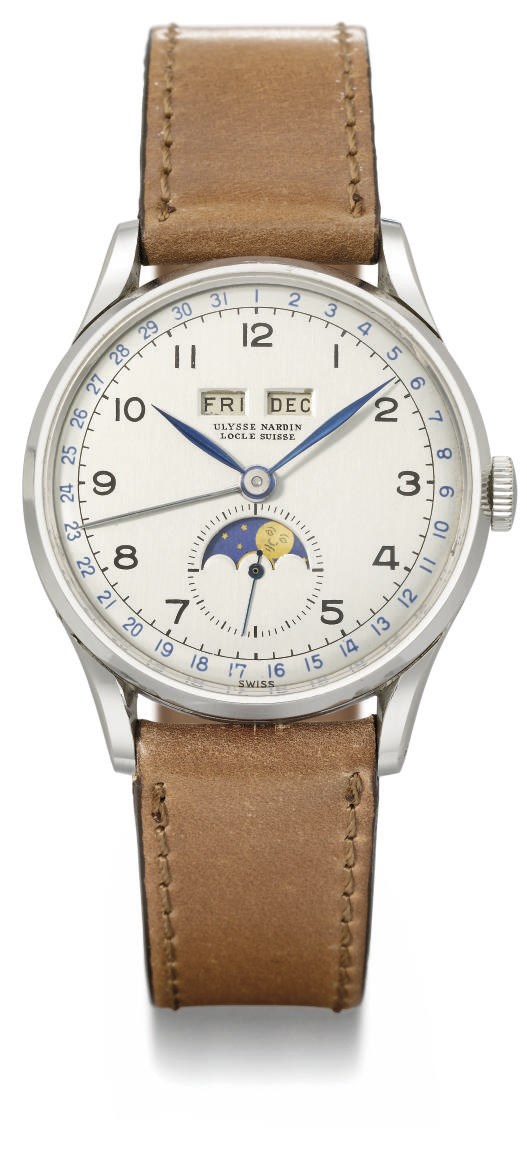 Ulysse Nardin. A very rare and unusual stainless steel triple calendar wristwatch with moon phases