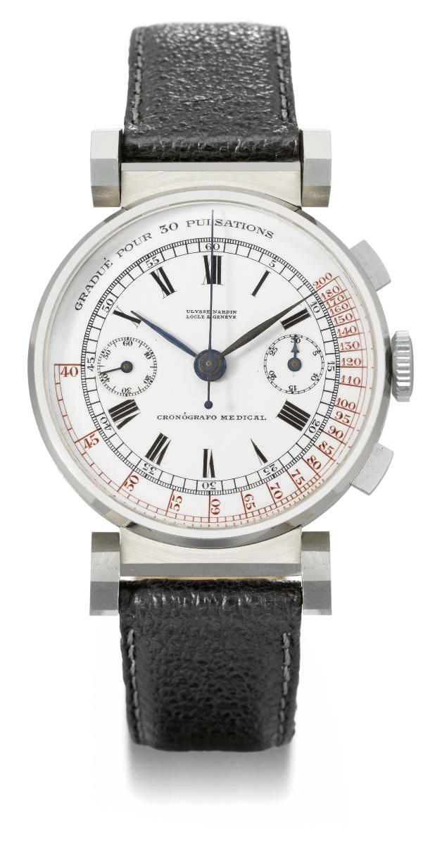 Ulysse Nardin. A rare stainless steel chronograph wristwatch with enamel dial, pulsometre and unusual flexible lugs