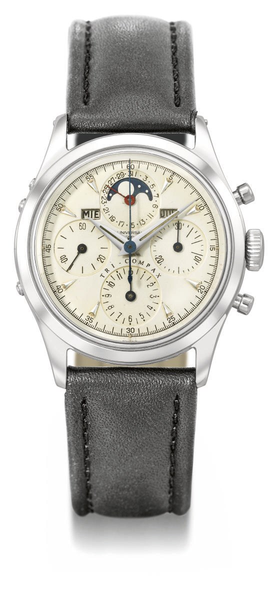 Universal. A stainless steel triple calendar chronograph wristwatch with moon phases