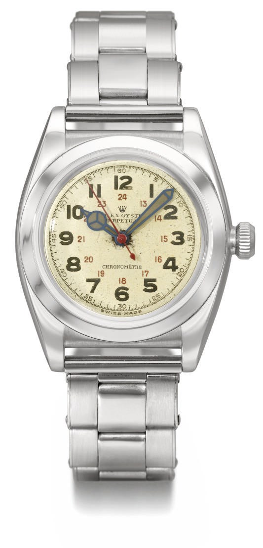 Rolex. An unusual stainless steel automatic bubble back wristwatch with sweep centre seconds, 24 hour indication and bracelet
