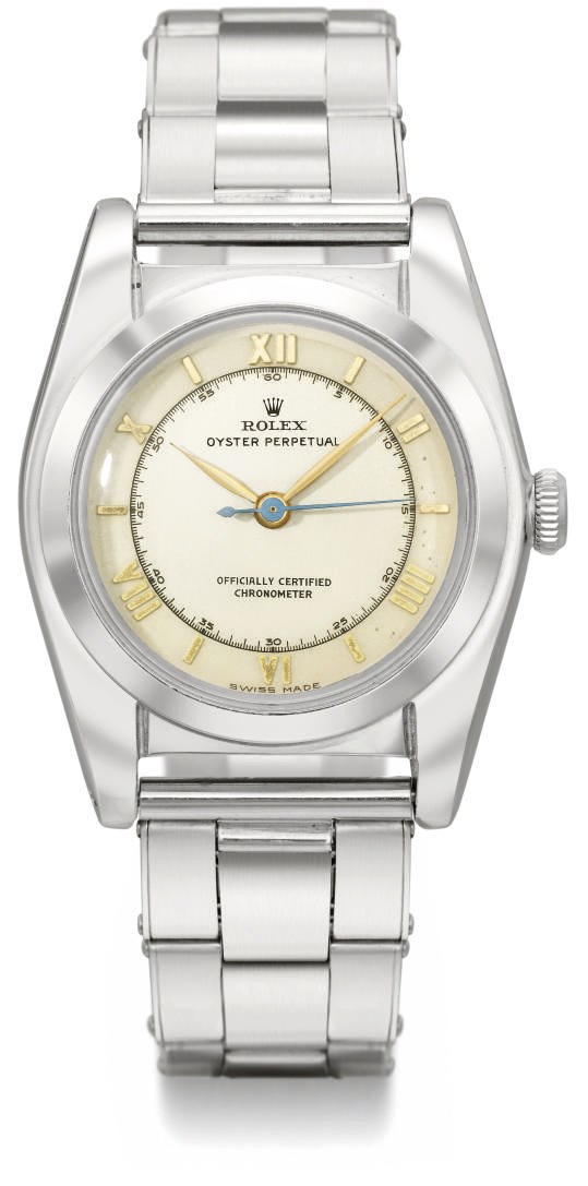 Rolex. An attractive stainless steel automatic bubble back wristwatch with sweep centre seconds, two-tone silvered dial and bracelet