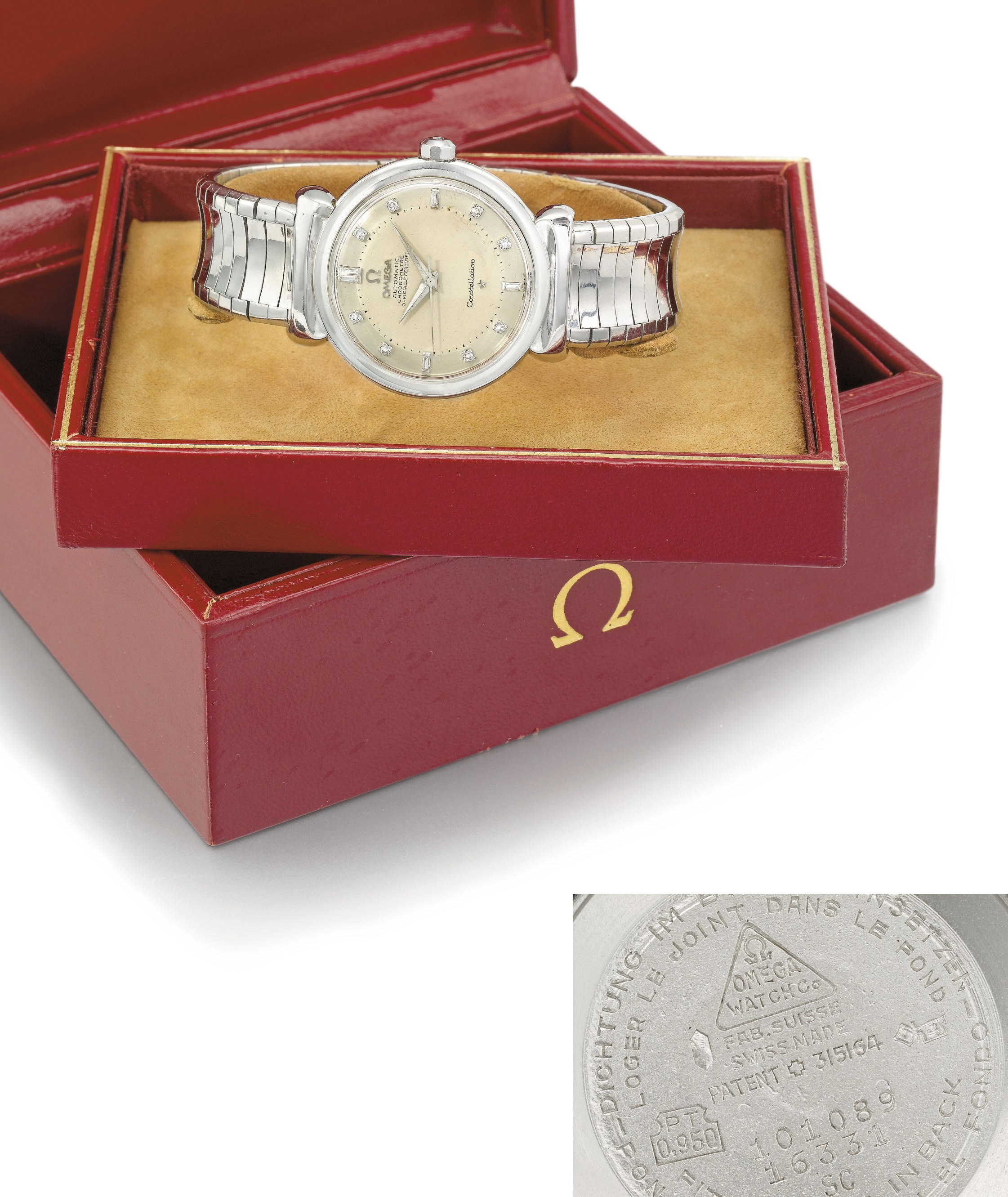 Omega. An extremely fine and rare platinum and diamond-set automatic wristwatch with sweep centre seconds, two-tone silvered dial, hooded lugs, bracelet and box