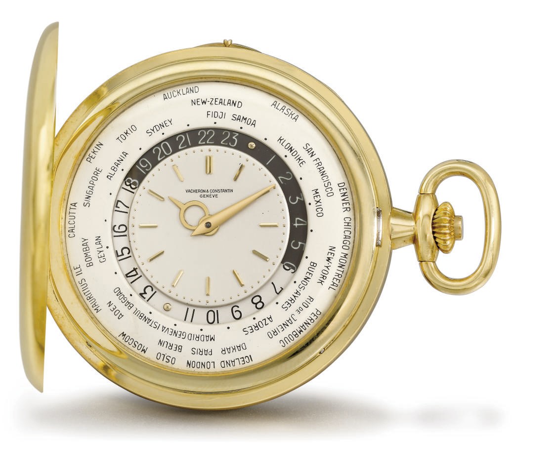 Vacheron Constantin. A rare and unusual 18K gold hunter case keyless lever world time watch