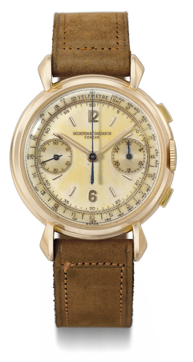 Vacheron Constantin. An attractive 18K pink gold chronograph wristwatch with two-tone silvered dial