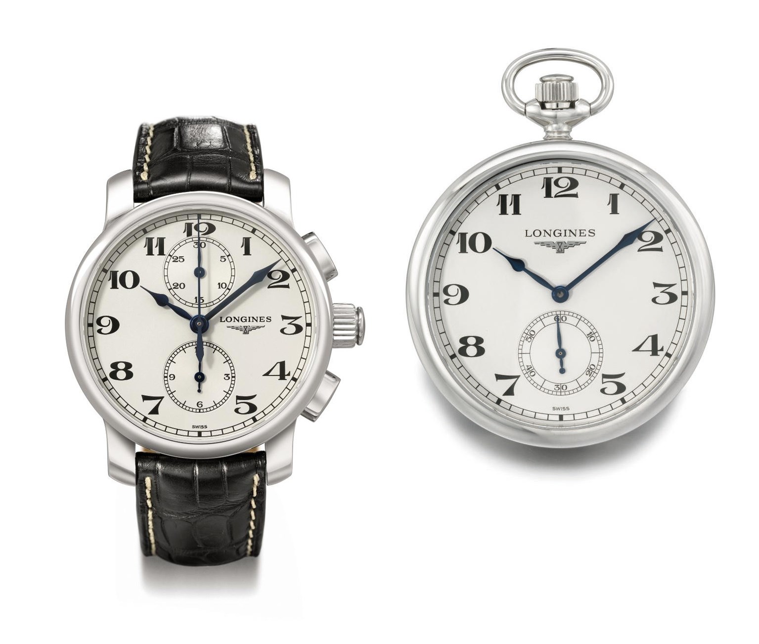Longines. A rare stainless steel limited edition set consisting of one automatic chronograph wristwatch and one keyless lever openface watch, made for the 100th Anniversary of Wempe Chronometerwerke