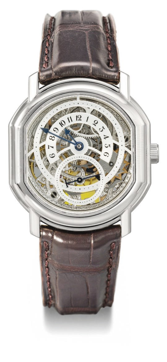 Daniel Roth. An 18K white gold rectangular-shaped skeletonized retrograde wristwatch