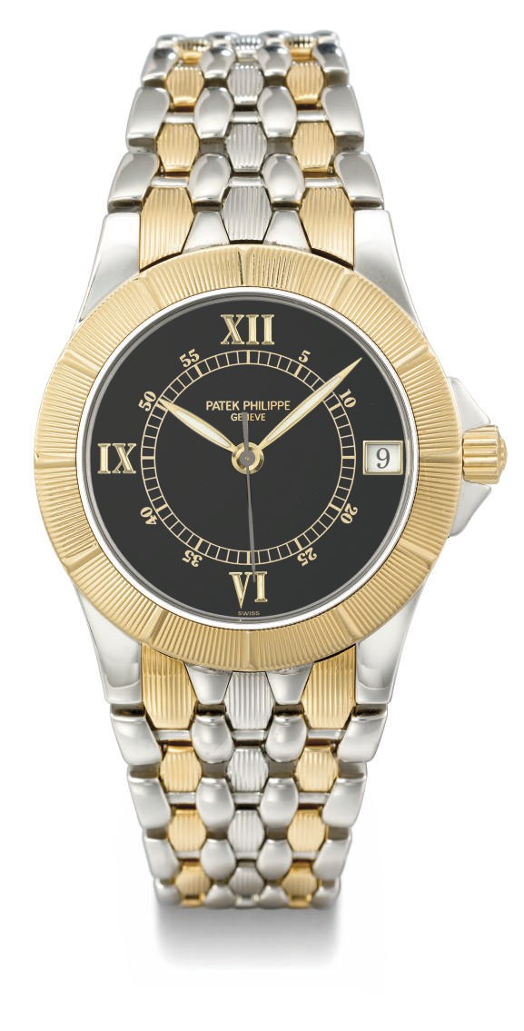 Patek Philippe. A fine stainless steel and 18K gold automatic wristwatch with sweep centre seconds, date, bracelet and black dial