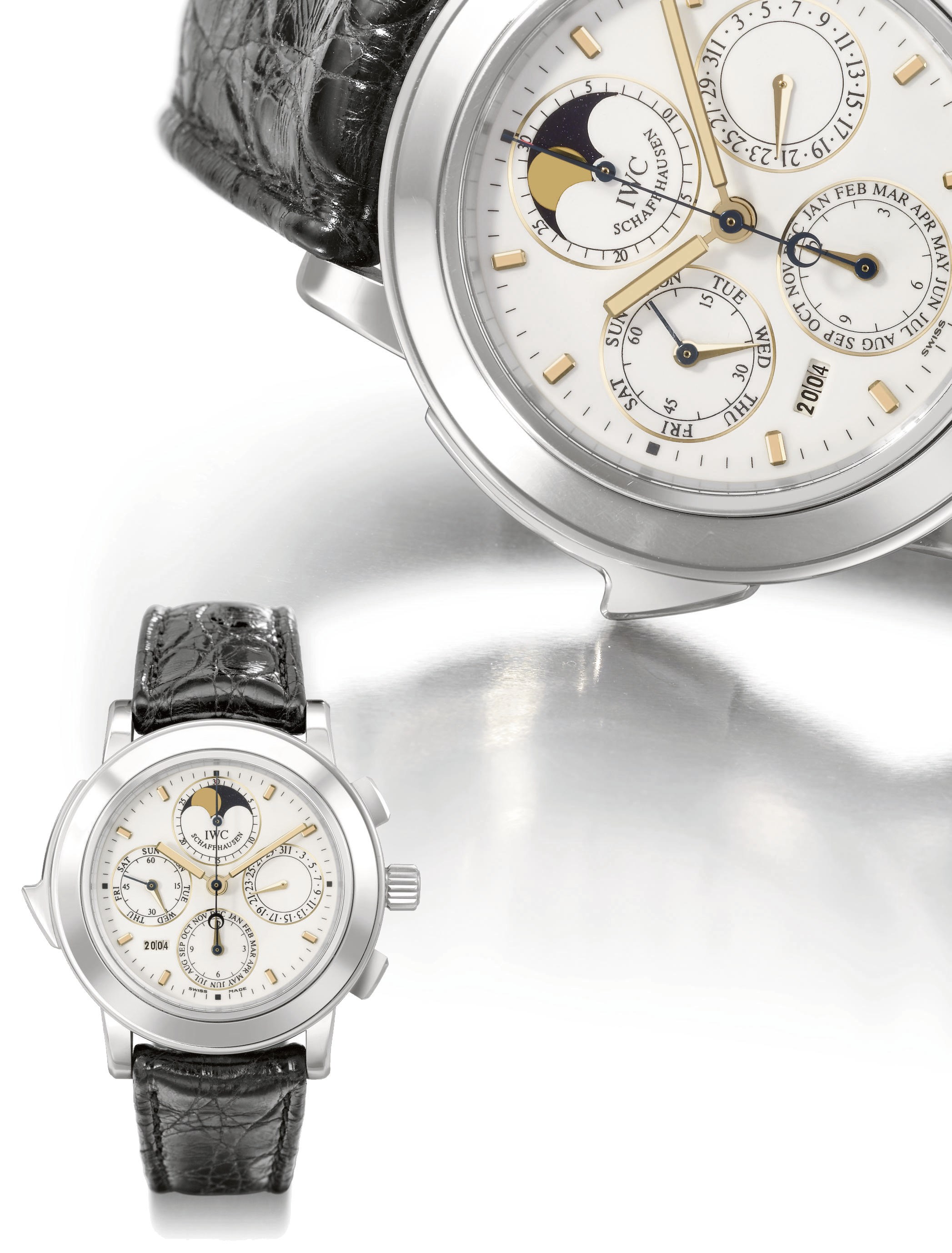 IWC. A fine and rare oversized platinum limited edition automatic perpetual calendar minute repeating chronograph wristwatch with moon phases