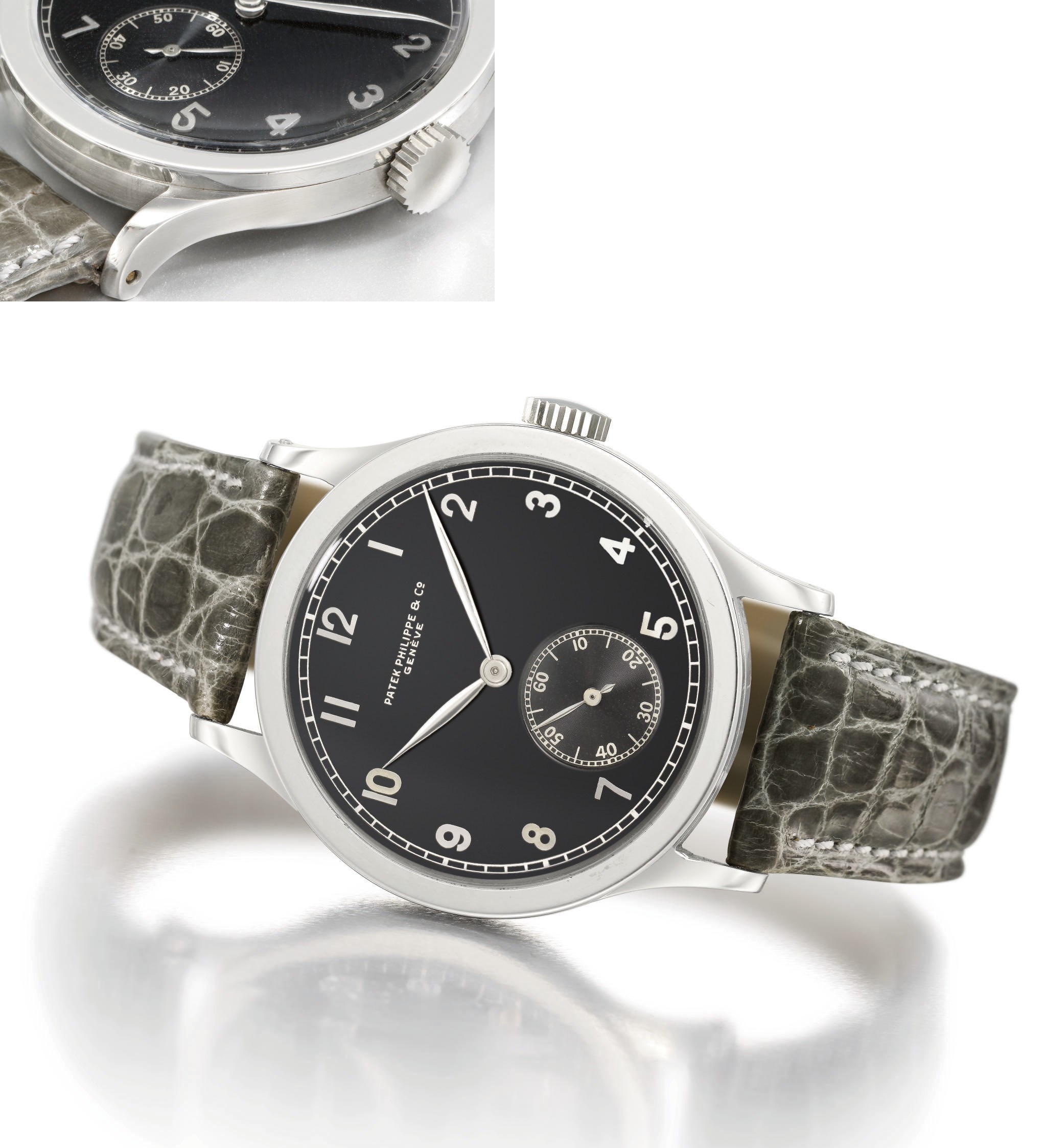 Patek Philippe. A very attractive, rare and large stainless steel wristwatch with black dial