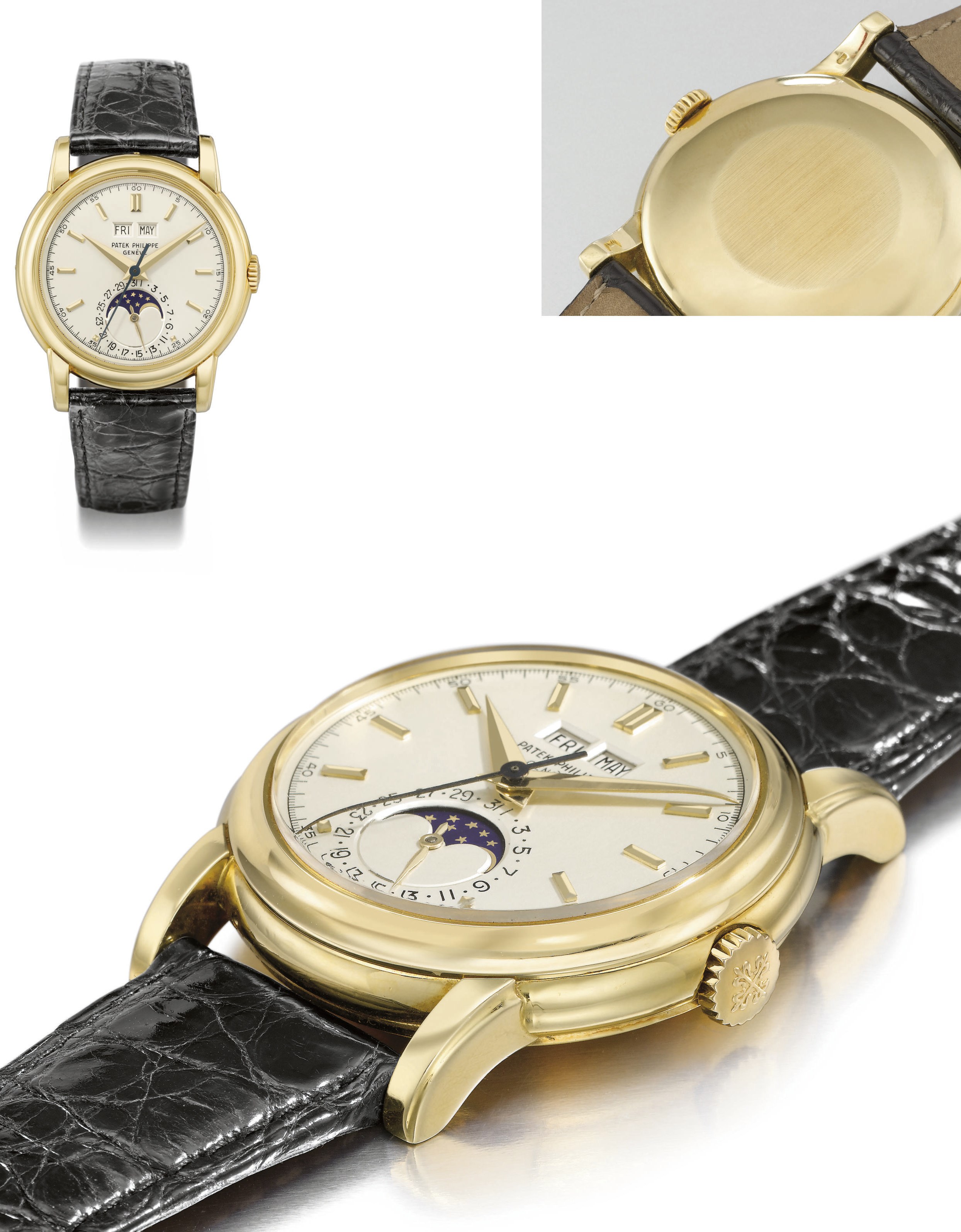Patek Philippe. A very fine and rare 18K gold perpetual calendar wristwatch with sweep centre seconds, moon phases and baton numerals