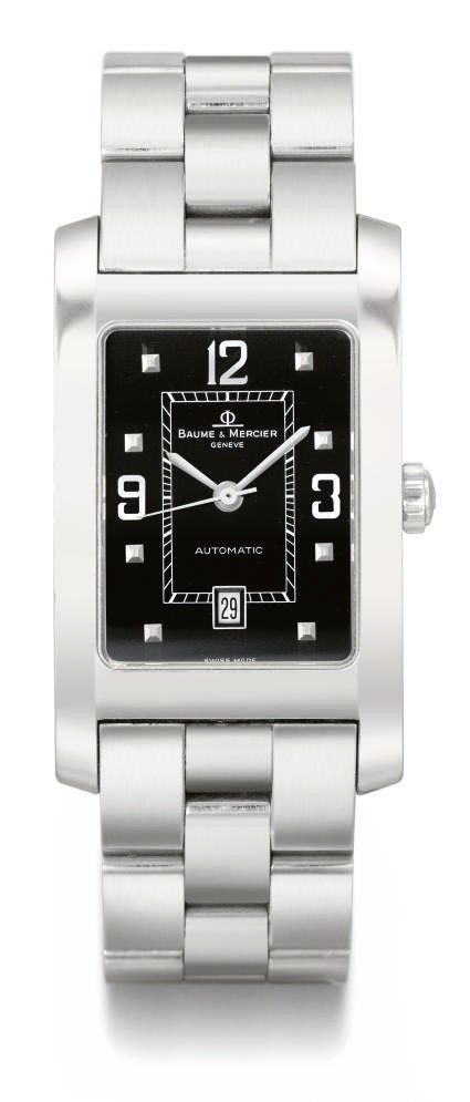 Baume & Mercier. A lady's stainless steel rectangular curved wristwatch with date and bracelet
