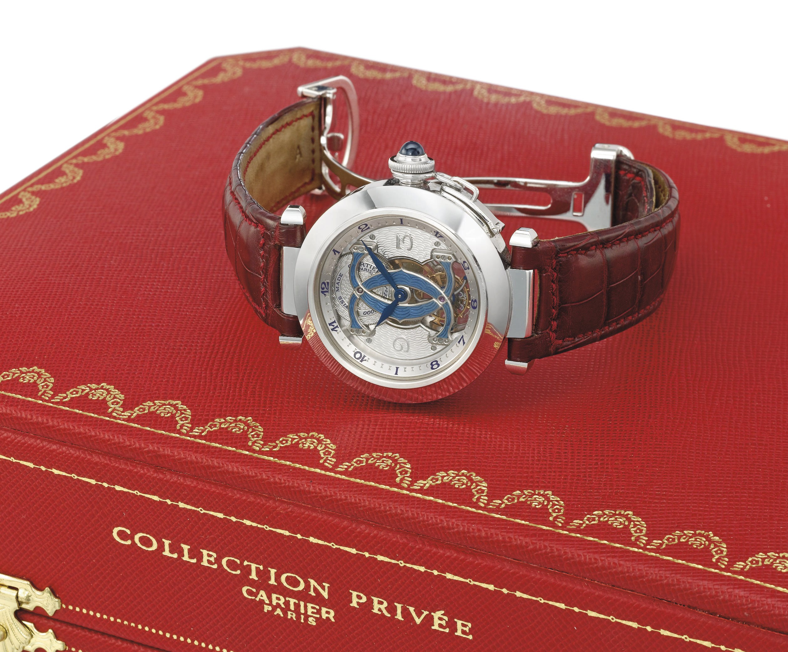 Cartier. A very fine and rare 18K white gold limited edition one minute tourbillon wristwatch with enamel bridge