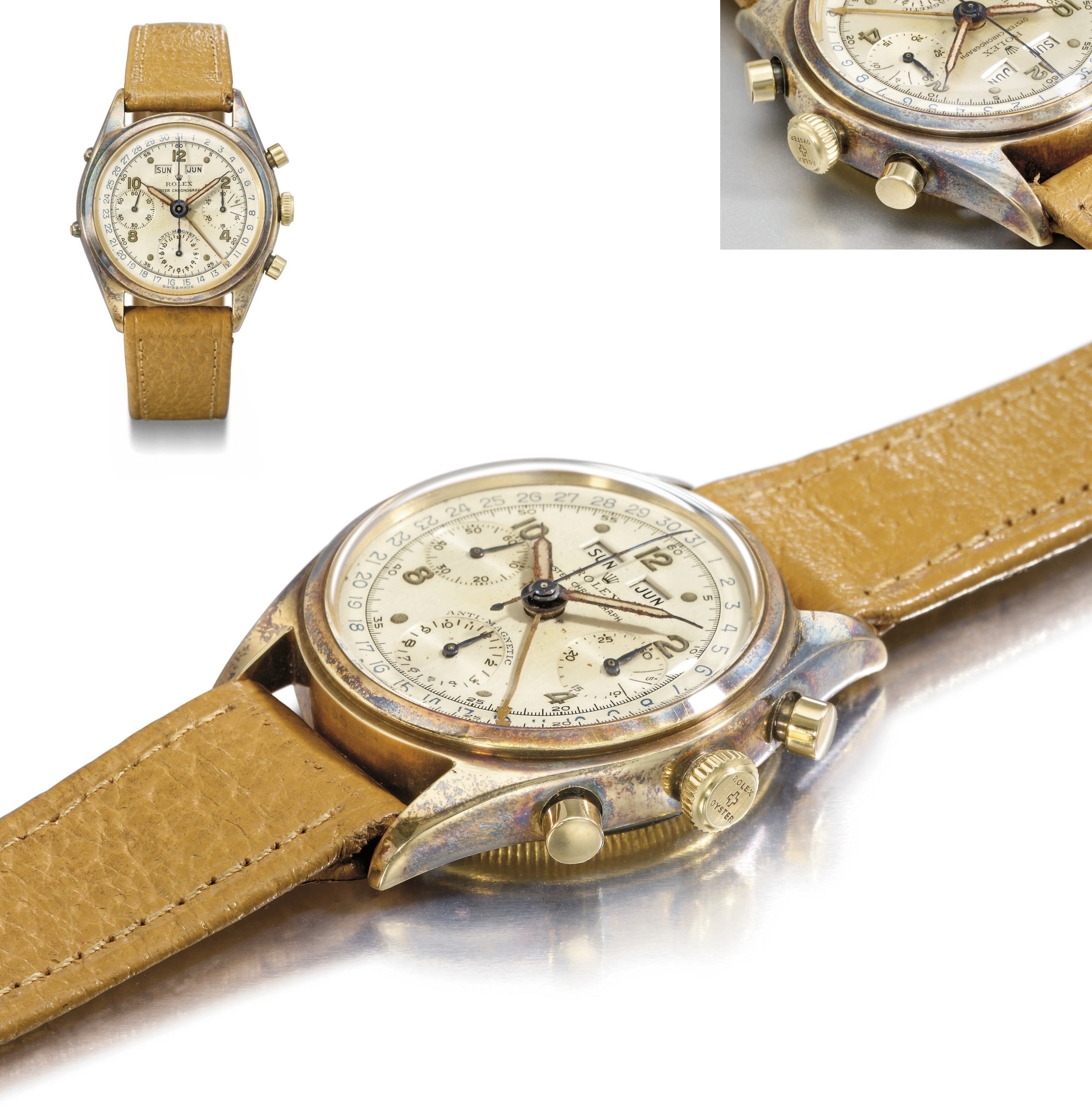 Rolex. A very fine and extremely rare 18K gold triple calendar chronograph wristwatch with two-tone silvered dial and luminous numerals and hands