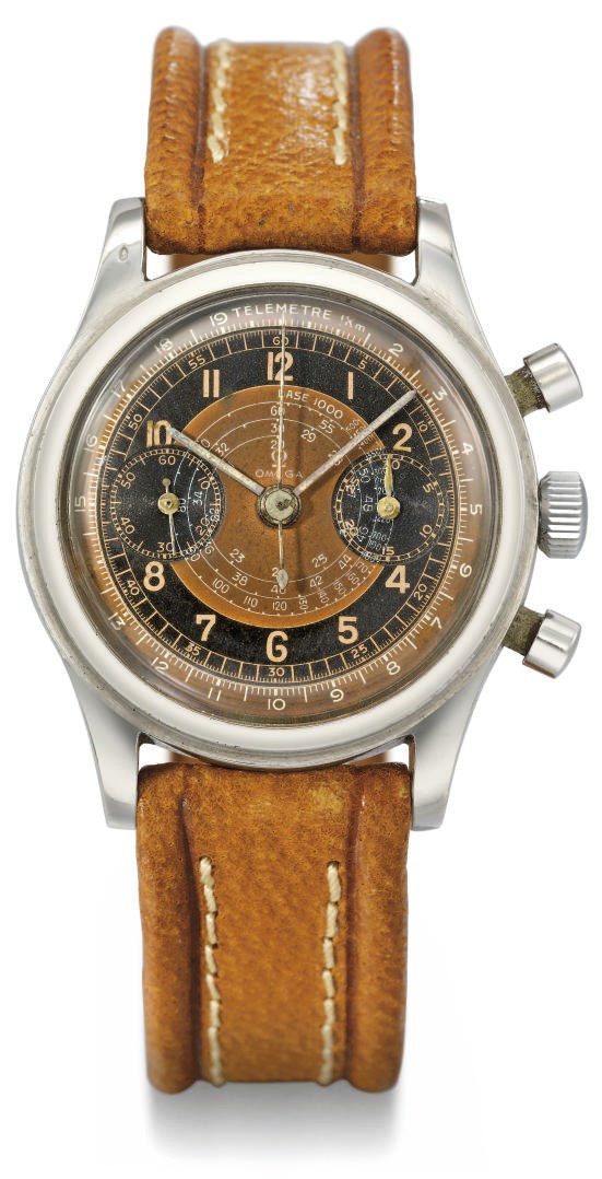 Omega. A fine, rare and attractive stainless steel chronograph wristwatch with bronze and black dial